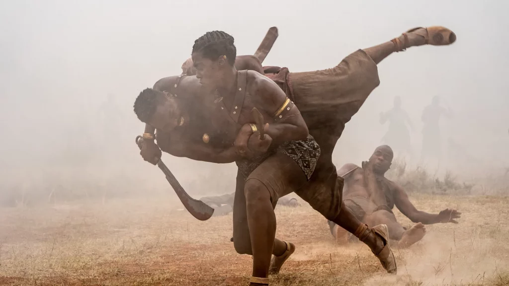 Izogie, an Agoji from the woman king, in combat with the Oyo warriors.